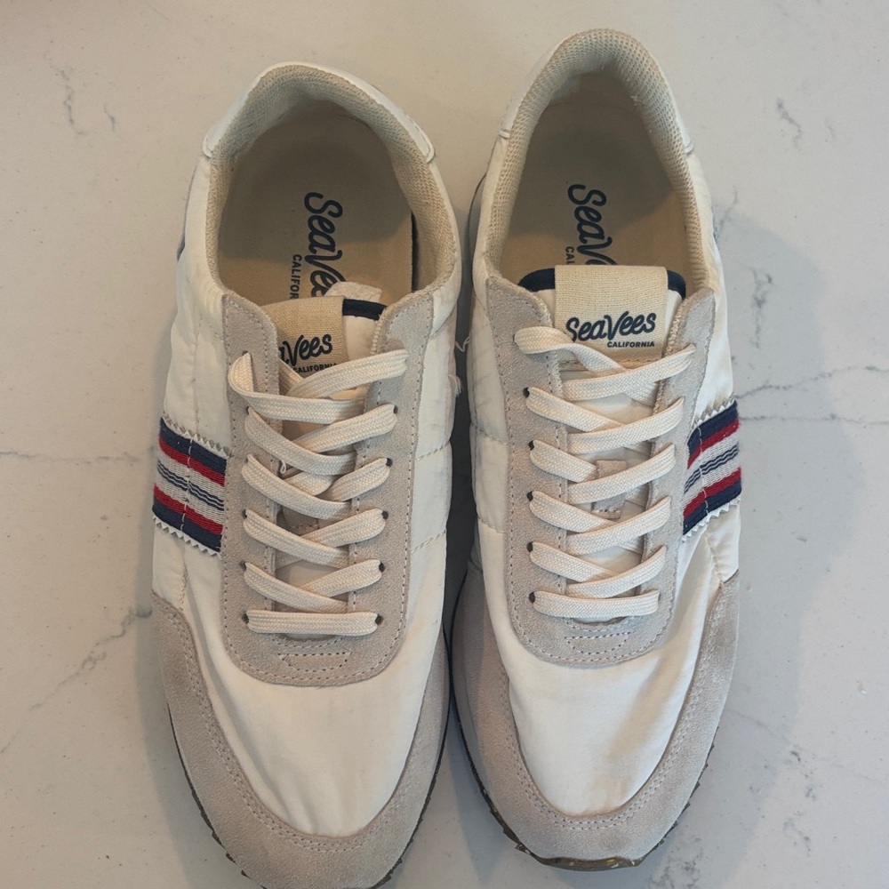 SeaVees women’s Cream and Blue Stripe Sneakers